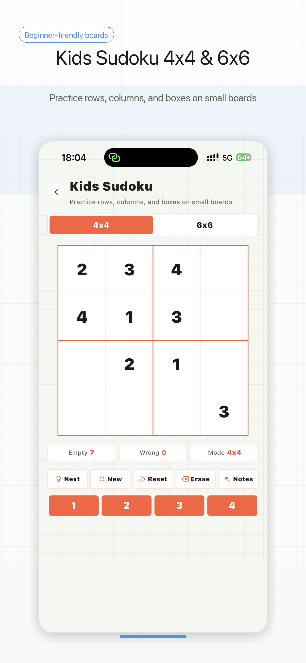 Kids Sudoku board for beginner-friendly 4x4 and 6x6 practice